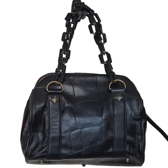 Vintage Betsy Johnson Chains Studs Croc Print Leather Multi-Sectional Punk Bag - Picture 6 of 16